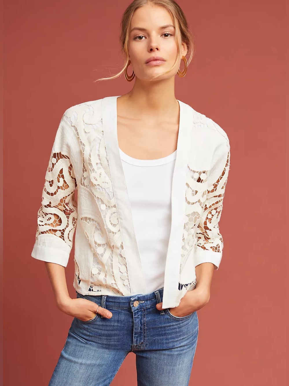 ett:twa by Anthropologie Romantic Lace Kimono Jacket in Cream. Size small.